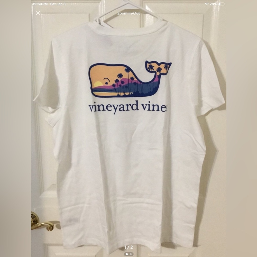 Vineyard Vines Palm Tree Scenic Whale White Short Sleeve Tee Women’s Large or XL